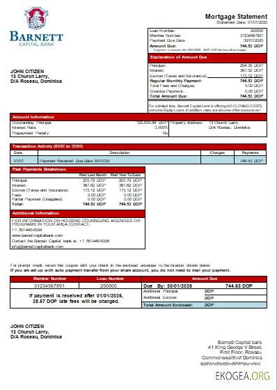 Relevé hypothécaire de la banque Dominica Barnett Capital scr